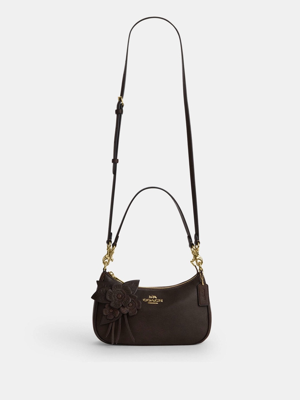 COACH NWT Teri Shoulder Bag Floral Applique Leather Maple Brown Gold - Picture 9 of 10